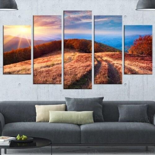 Home Decor Wall Art 5 Panel Autumn Grassland Canvas Painting HD Prints Modular Sunside Scenery Poster Pictures Frame Living Room