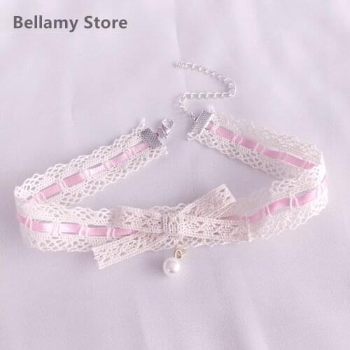 Hand made Japanese Lolita pearl bow lace collar