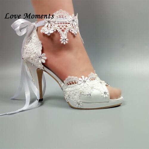 Love Moments New arrive 2018 White Lace-up wedding shoe womens Pumps fashion Bride Dress shoes open toe White Party Pumps