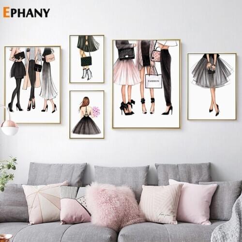 Nordic Fashion Girls Canvas Painting Picture Trendy Dress Shoes Wall Art for Living Room Modern Girl Bedroom Decorative Poster
