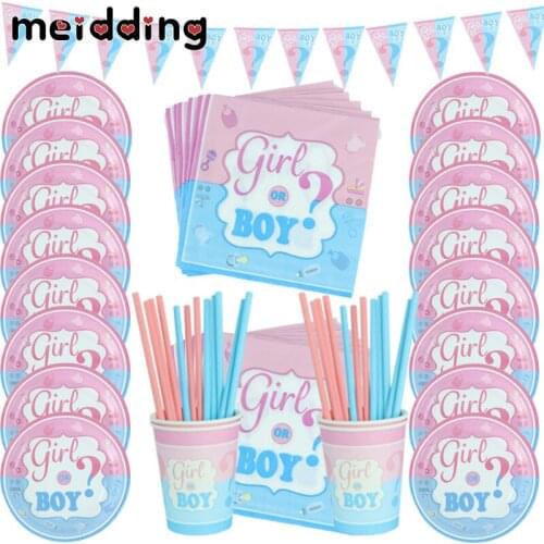 2021 Gender Reveal Party Supplies Disposable Tableware Set for 16 Guests Boy or Girl Plates Cups Napkin Baby Shower Decorations