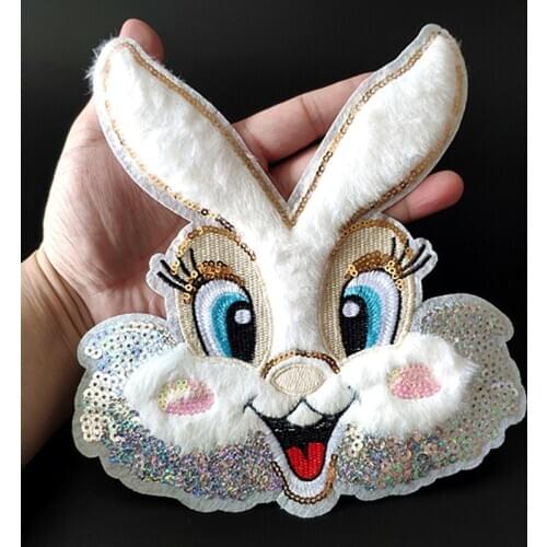 Fashion Patch 26CM Rabbit Plush Sequins deal with it Sew on Patches for clothing Strange things Biker Badge Clothes Stickers