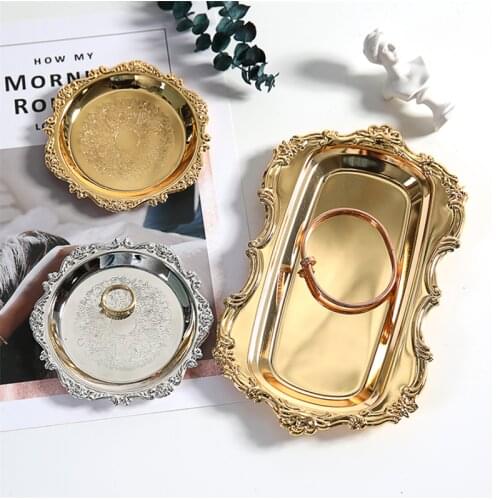 Gold Storage Tea Tray Set Stainless Steel Silver Fruit Cake Plate Jewelry Display Tray Wedding Dessert Plate For Home Decor