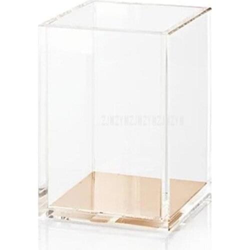 Luxury Desk Organizer Transparent Acryl Acrylic Pencil Case Box Pen Container Gold Base Stationery Pen Stand Holder Canister