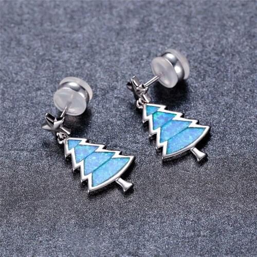 Luxury Blue Opal Christmas Tree Earrings Cute Star Stud Earrings For Women Wedding Jewelry Vintage Fashion Silver Color Earrings