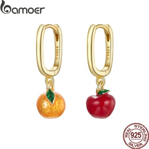 Bamoer 1pc Fruit Dangle Single Earring for Women Enamel Orange and Apple Earrings 925 Sterling Silver Gold Color Jewelry SCE1078