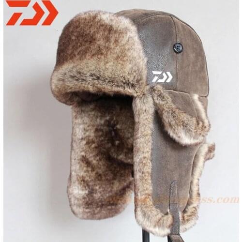 Daiwa 2021 Winter Bomber Hats Winter Fishing Men Warm Skiing Outdoor Hat with Ear Flap Pu Leather Fur Trapper Cap Earflap