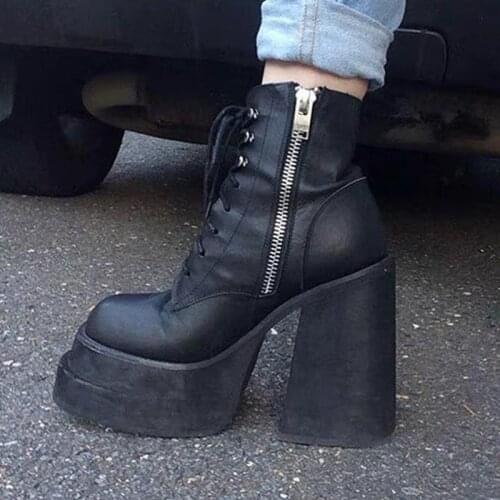 Punk style genuine leather ankle boots for women side zipper chunky high heels platform shoes autumn winter boots shoes woman