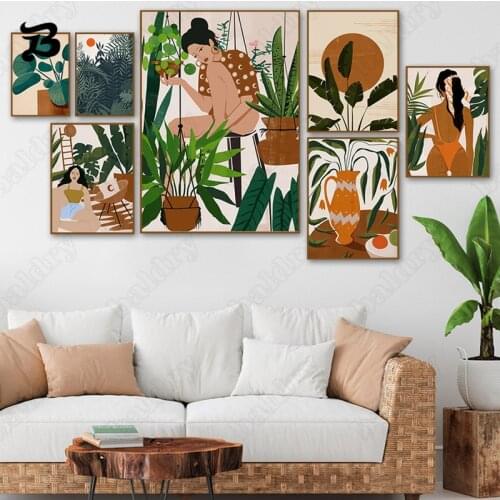 Vintage Wall Art Canvas Painting Girls Flowers Leaf Plant Nordic Modern Posters and Prints Wall Pictures for Living Room Decor