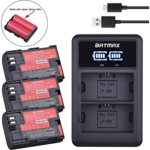 3pcs LP-E6 LP E6 Battery Japan Cells+ Dual Charger LED Display for Canon LP-E6,LP-E6N, EOS 80D,6D, 7D, 70D, 60D,5Ds,5D Mark