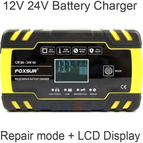 FOXSUR 12V 8A 24V 4A Pulse Repair Battery Charger, Motorcycle Truck & Car Battery Charger, AGM GEL WET Lead Acid Battery Charger