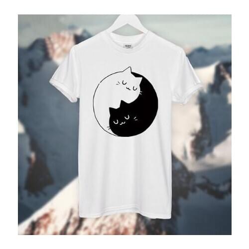 Women/Men Casual Style Shirts Tees YIN and Yang Black White Cat Printed T-Shirt Crewneck Short Sleeve tshirts Tops Outfits