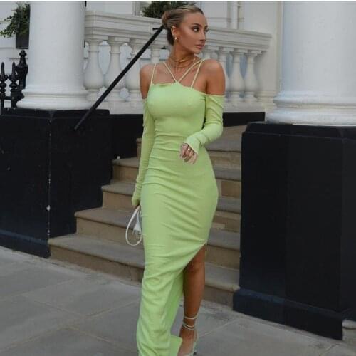 Women Autumn Ribbed Off-the-shoulder Bodycon Dress Party Streetwear Green Solid Color Long Sleeve Slit Long Dress S/ M/ L