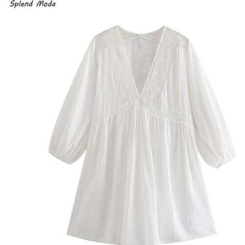 Splend Moda 2021 Summer New Womens V-Neck Embroidery Mini French White Lantern Sleeve Hollow Loose French Dress Women Vestido