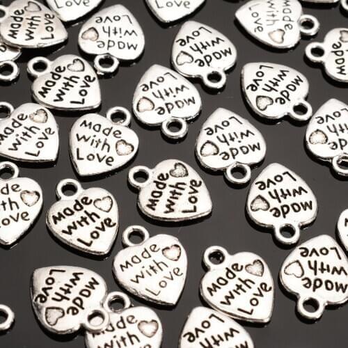 100pcs Fashion Heart Charms Metal MADE WITH LOVE Pendants Necklace Beads for DIY Hole Beads Bracelets Charms Silver