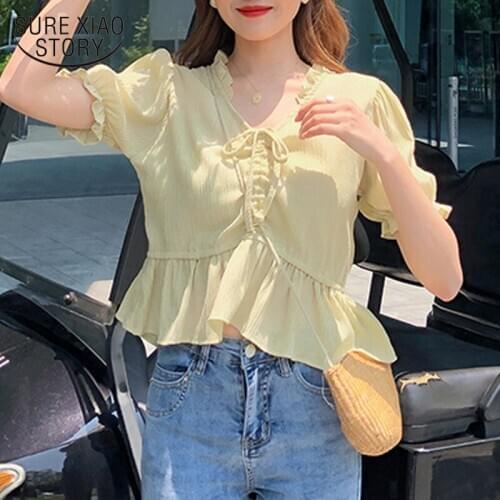 2020 Summer New Short Sleeve Tops Female Solid Super Short Slim Shirts French V-Collar Drawstring Chiffon Shirt Slim Shirt 10029