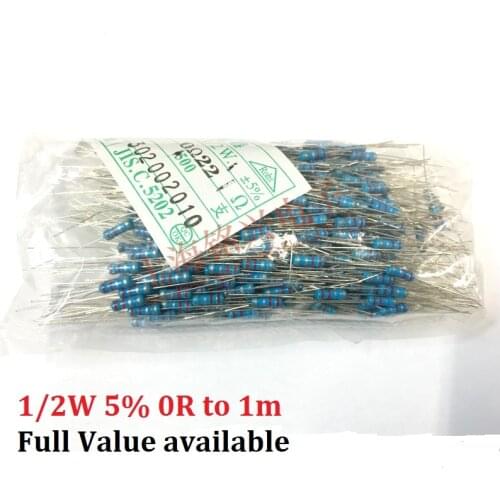 500pcs 0.5W (0R ~ 1M) Carbon Film Resistor 10K ohm 220R 4.7k 2.2K 1K 100K 1/2W Metal 3/5/6/7/8/9.1.2.3.4.5.6.7.8./K/R Free Ship