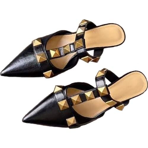 Brand High End Saddles Women Spring and Summer Slipper Shoes Genuine Cowhide Leather Metal Rivets Decoration Fashion Sex Ladies