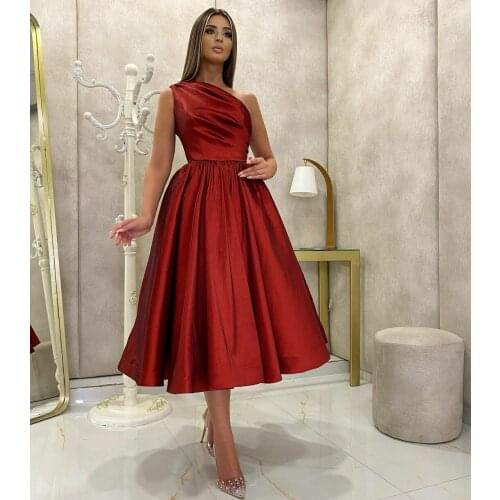 Elegant Short Black Evening Dresses with Pockets A-Line One Shoulder Tea Length Abendkleid Formal Party Gown for Women