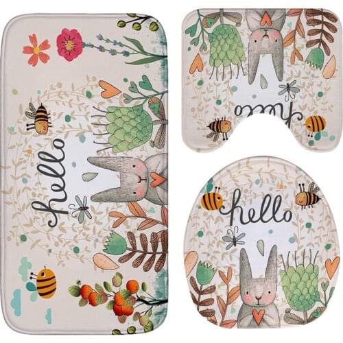 Honlaker Hello Rabbit Flannel Absorbent Non-Slip Mat Bathroom Toilet Mats Set Bath Rugs Toilet Covers