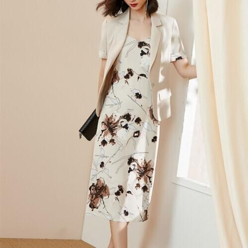 Elegant Vintage Dress Suits Women 2 Two Piece Set Spring Summer Fall Clothes Female Blazer Suit Jacket Long Floral Print Dress