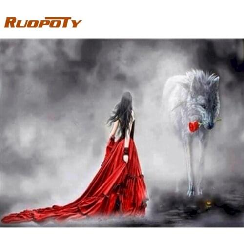 RUOPOTY Red Dress Girl With Wolf Painting By Numbers Kits For Adults Hand Painted Diy Framed On Canvas Home Decor Oil Paintings