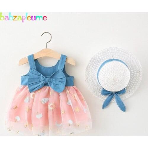 Summer Princess Dress For Girls Cute Bow Lace Mesh Sleeveless Denim Toddler Dresses+Sunhat Newborn Baby Clothing Set BC2064-1