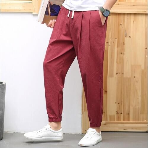 Summer plus size pants men 8XL Cotton oversize Japan style vintage home loose straight pants wide leg pants Red blue