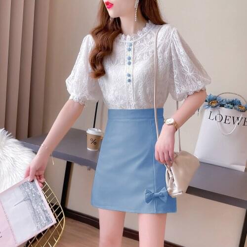 Summer French gentle wind, fresh and sweet lace shirt suit, bow knot A-line skirt, two-piece suit, high-end sense of fried