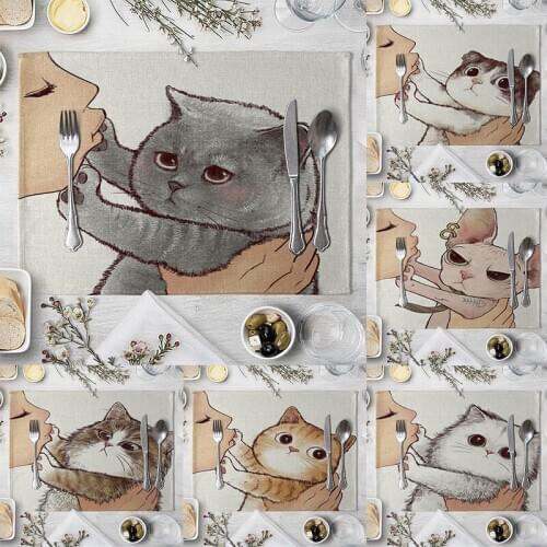 Linen Cat Table Mat Cartoon Animal Cute Cat Pattern Placemats For Children Kids Kitchen Dining Place Mats Pads