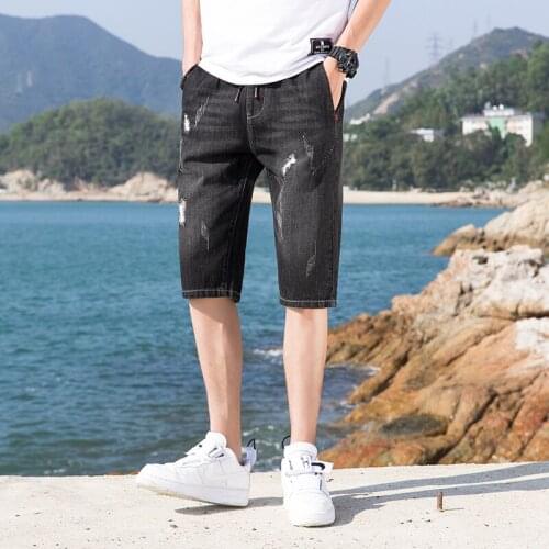 2021 Summer Mens Stretch Calf-Length Black Denim Shorts Cotton Casual Loose Mens Denim Beach Shorts Absorption Breathable