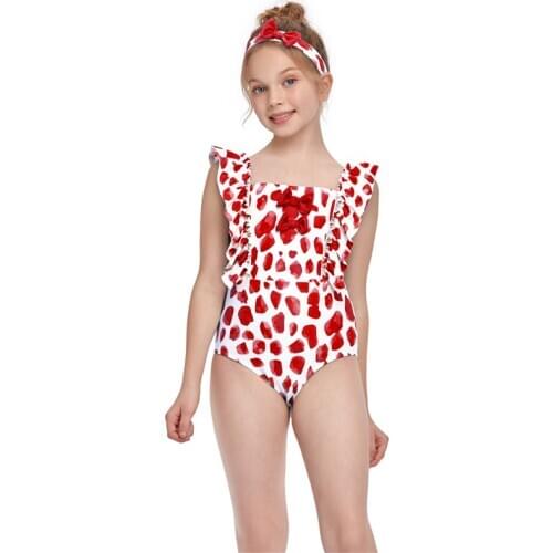 2021 New Kid Girls One-Piece Dots Printed Swimsuit Square Neck Ruffle Fly Sleeve Bowknot Bodysuit Swimwear