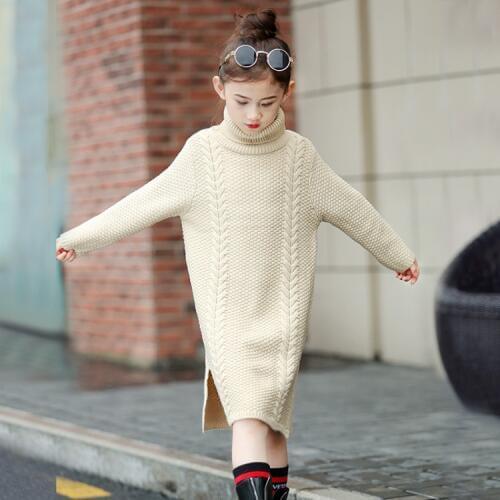 Fall Winter New Girls Casual High Collar Knitted Sweater Teenager Kids Thickened Long Loose Knitwear Childrens Pullovers B280