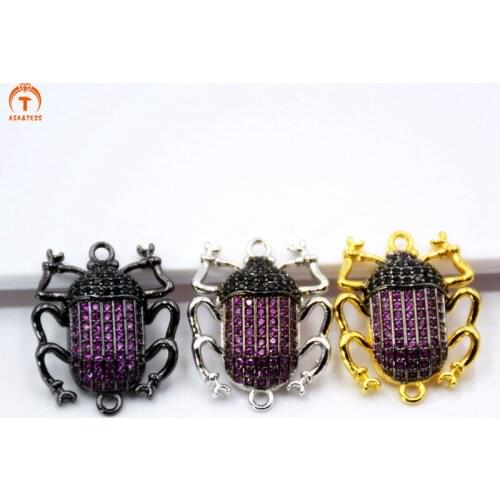 ACORN BEETLE Inspired charm Micro CZ Pave Fuchsia Beetle connector pink cubic zircon Black Insect pendant for necklace DIY
