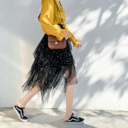 WSYORE Stars Sequined Mesh Skirt Irregular Women Fairy Skirt New Streetwear Casual Pettiskirt Cake Skirts Female NS1063
