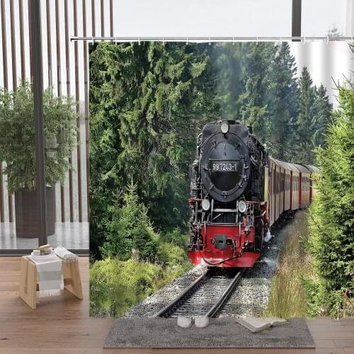 Retro Train Pattern Shower Curtain Modern Home Decoration Trains Track Outdoor Natural Landscape Waterproof Bathroom