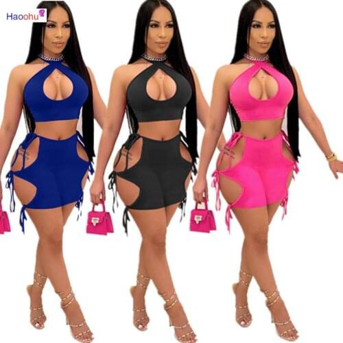 HAOOHU Womens Clothing Womens new Style Summer Fashion Lace-up Halter Shorts Two-piece Sexy Nightclub