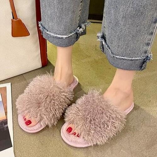 Winter Womens Fur Slippers Warm Plush Cotton Shoes Woman Outdoor Leisure Candy Color Ladies Furry Slides Slip on Flip Flops