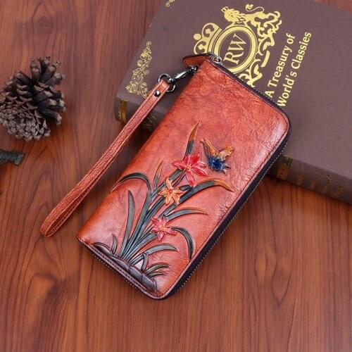 Women Genuine Leather Clutch Handy Bag Printing Butterfly flower Female Lady Card Retro Money Clips Long Wallet Purse