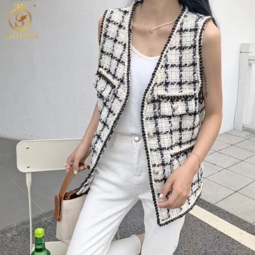 SMTHMA Womens Fashion Elegant Tweed Woolen Vest Ladies Korea Chic Style Buttons Pockets Casual Plaid Coat For Women