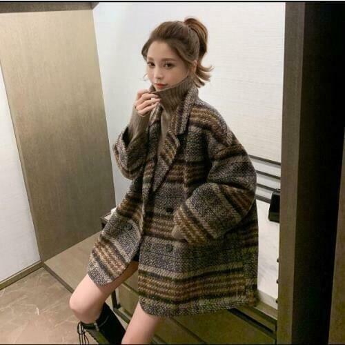 Womens Fashion Checked Lapel Double Breast Tweed Loose Coat Outwear