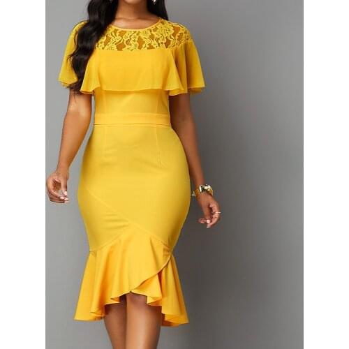 Plus size mermaid dress woman yellow ruffle lace patchwork sexy evening party vestidos afircan fashion female office midi dress