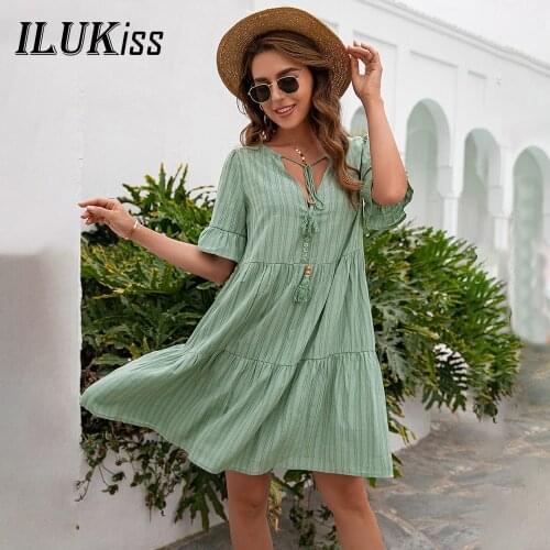 2021 Fashion Women Short Sleeve Loose Midi Dress Summer V Neck Beach Pink Green Dresses For Women Casual Elegant Lady Clothing