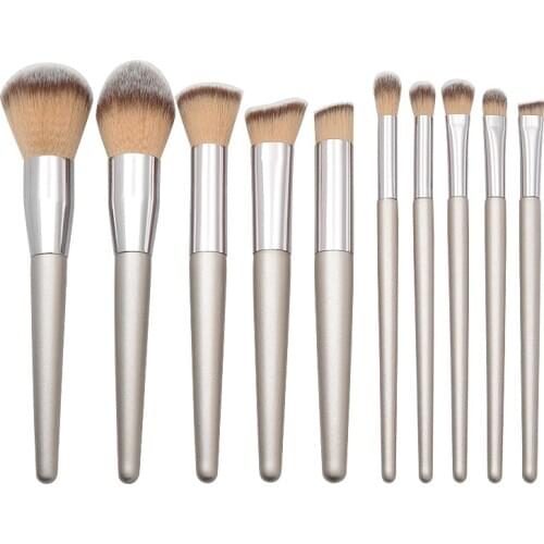 10 Sets Champagne Gold Tapered Wooden Handle Makeup Brush Set Private Label Makeup Tools Custom Logo