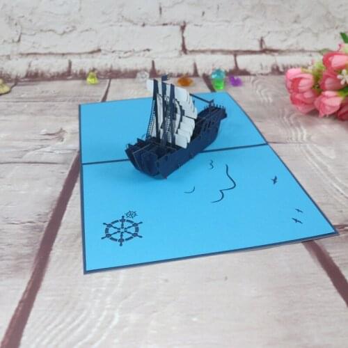 3D Handmade Blue White Sailboat Boat Sailing Ship Paper Greeting Cards PostCard Birthday Bussiness Model Lover Creative Gift