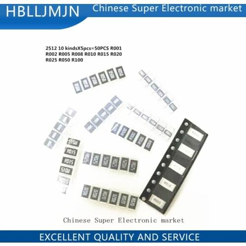 50PCS 2512 SMD Resistor Samples kit ,10 kindsX5pcs=50pcs R001 R002 R005 R008 R010 R015 R020 R025 R050 R100