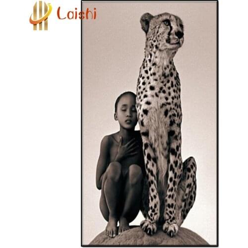 3D Diy Afro little girl and leopard Diamond Painting animal Art full round Diamond Picture Mosaic Gift Home Wall Decoration