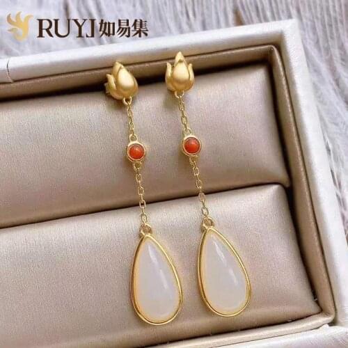 Antique Eardrops Hanfu Super Fairy Chinese Style Palace Style Tian Tian Yu Drop-Shaped Jade Earrings Female Temperament Long