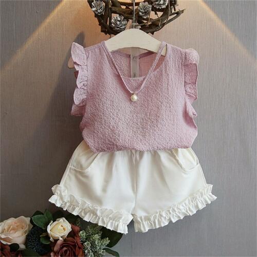 2019 children girls new summer fashion short sleeve chiffon T-shirt + pleated lace shorts clothes set 2-7 years