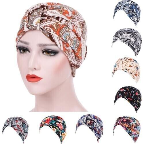 Women India Hats 2021 Fashion Casual Muslim Caps Stretch Turban Hat Floral Cotton Hair Loss Head Scarf Wrap Платок На Голову